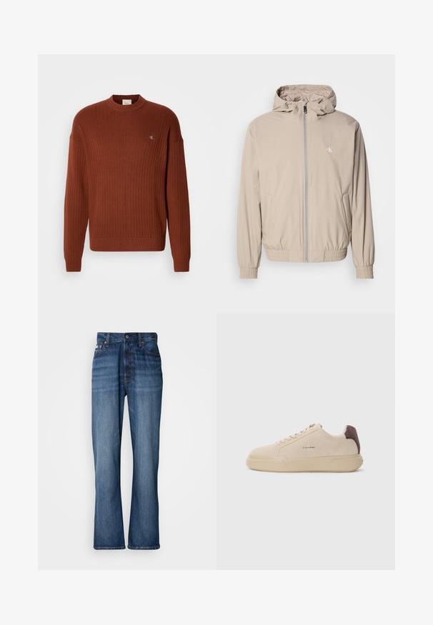Lysebeige vindtæt jakke med hætte, elastiske manchetter og kant, med lynlås foran og et lille logo på brystet. Glat tekstur.; Rustfarvet ribbet sweater med rund hals, der har et lille logo på brystet og en afslappet pasform. Lavet af et tekstureret strikmateriale.; Blå denimjeans med høj talje, flagrende ben, fem-lommers design og tonal syning. Har en knaplukning og nitterede lommer.; Beige ruskind sneakers med rund tå, snørret foran og en brun ruskindsdetalje på hælen. Har en tekstureret gummisål.