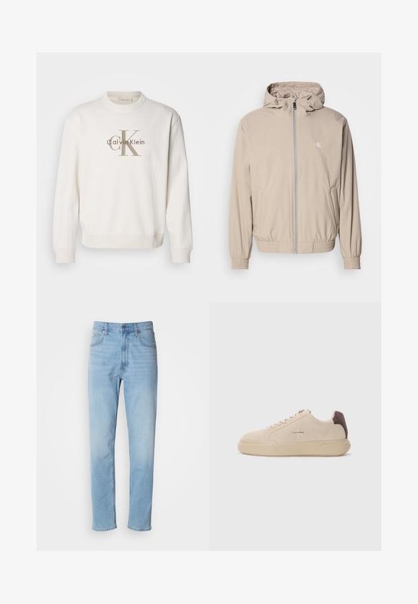 Hellbeige Windbreaker-Jacke mit Kapuze, elastischen Bündchen und Saum, ausgestattet mit einem Frontreißverschluss und einem kleinen Logo auf der Brust. Glatte Textur.; Weißes Crewneck-Sweatshirt aus weichem Stoff, mit einem großen beigen Calvin Klein-Logo auf der Vorderseite, und gerippten Bündchen sowie Saum.; Hellblaue Jeans mit geradem Schnitt, fünf Taschen und Gürtelschlaufen. Der Stoff hat eine glatte Textur mit einem leichten Verblassungseffekt.; Beige Wildleder-Sneaker mit runder Spitze, Schnürung vorne und einem braunen Wildlederakzent an der Ferse. Verfügt über eine strukturierte Gummisohle.