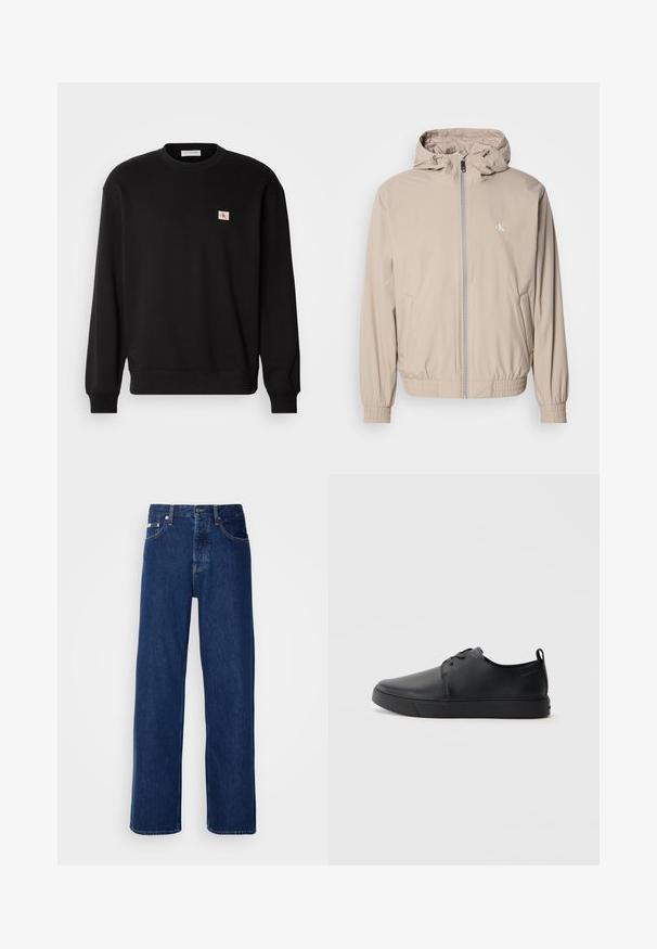 Licht beige windjack met capuchon, elastische manchetten en zoom, voorzien van een ritssluiting aan de voorkant en een klein logo op de borst. Gladde textuur.; Zwarte katoenen crewneck sweatshirt met lange mouwen, voorzien van een klein, rechthoekig logo-patch op de borst en geribbelde manchetten.; Donkerblauwe denim jeans met een wijdbeen ontwerp, voorzien van een knoopsluiting en klassieke vijf-pocket styling. De stof heeft een gladde textuur.; Zwarte leren sneaker met een gladde afwerking, ronde neus, tonale stiknaden, vetersluiting aan de voorkant en een vlakke rubberen zool. Lussje aan de hak.