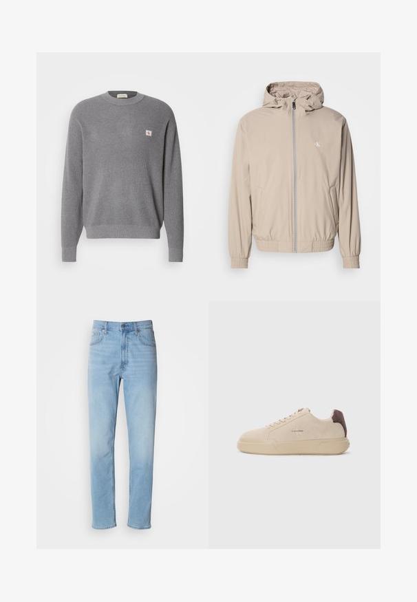 Chaqueta cortavientos de color beige claro con capucha, puños y dobladillo elásticos, con cierre de cremallera frontal y un pequeño logo en el pecho. Textura lisa.; Suéter de punto gris de manga larga con textura acanalada y pequeño parche cuadrado del logo CK en el lado izquierdo del pecho, cuello redondo.; Jeans de mezclilla azul claro con un corte recto, cinco bolsillos y trabillas para cinturón. La tela presenta una textura suave con un ligero efecto de desvanecimiento.; Zapatilla de ante beige con punta redondeada, cordones en la parte frontal y un acento de ante marrón en el talón. Cuenta con una suela de goma texturizada.