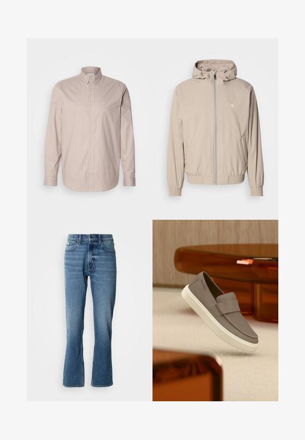 Svetlobéžová vetrovka s kapucňou, elastickými manžetami a lemom, so zapínaním na zips vpredu a malým logom na hrudi. Hladká textúra.; Beige košeľa s dlhým rukávom a gombíkmi, biele vertikálne pruhy, špicatý golier a malé vyšívané logo na hrudi.; Svetlo modré denimové rifle s rovnými nohavicami a jemným rozšírením. Majú päť vreciek, zapínanie na gombík a jemné detaily zohybovania.; Šedá semišová obuv na snadné obúvanie s bielou podrážkou visiaca nad béžovým kobercom, na pozadí priehľadný oranžový nábytok.