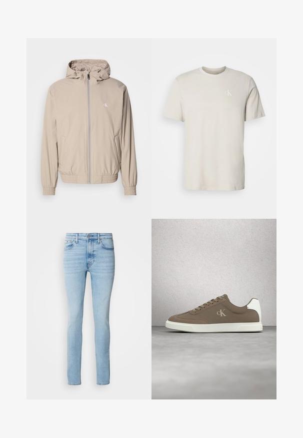 Hellbeige Windbreaker-Jacke mit Kapuze, elastischen Bündchen und Saum, ausgestattet mit einem Frontreißverschluss und einem kleinen Logo auf der Brust. Glatte Textur.; Beige kurzärmeliges Baumwoll-T-Shirt mit rundem Ausschnitt und kleinem weißem "cK"-Logo auf der linken Brust.; Calvin Klein Jeans Jeans Skinny Fit - arrow stone; Taupefarbener Calvin Klein Sneaker mit beigen Schnürsenkeln und weißer Sohle, der über einem glatten grauen Boden nahe einer Glassteinwand schwebt.