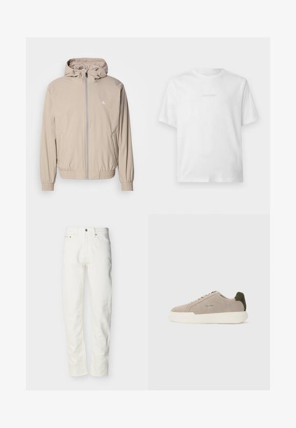 Veste coupe-vent beige clair avec capuche, poignets et ourlet élastiques, équipée d'une fermeture éclair devant et d'un petit logo sur la poitrine. Texture lisse.; T-shirt blanc à manches courtes avec col rond, avec un discret logo Calvin Klein embossé centré sur la poitrine.; Jean en denim blanc pour homme, coupe droite, avec bouton et fermeture éclair à l'avant, passants pour ceinture et design à cinq poches.; Baskets en suède beige avec une semelle en caoutchouc blanche, présentant un accent de talon vert foncé et une branding subtile sur le côté.