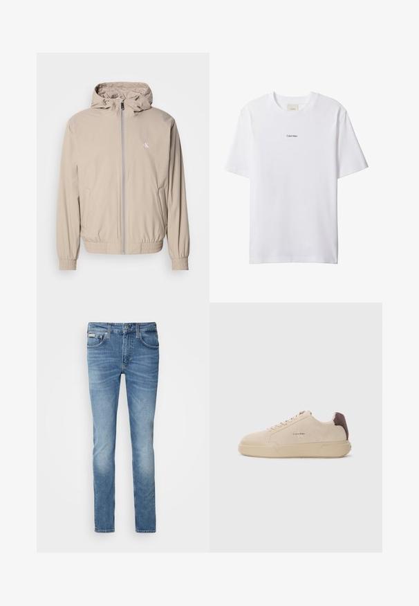 Licht beige windjack met capuchon, elastische manchetten en zoom, voorzien van een ritssluiting aan de voorkant en een klein logo op de borst. Gladde textuur.; Witte katoenen T-shirt met een ronde hals en korte mouwen. Heeft een klein zwart "Calvin Klein"-logo in het midden van de borst.; Lichtblauwe denim jeans met een slim fit, vijf zakken, zichtbare stiksels en een subtiele vervaging. Voorzien van een merkpatch op de tailleband.; Beige suède sneakers met een ronde neus, vetersluiting aan de voorkant en een bruine suède accent op de hiel. Beschikt over een gestructureerde rubberen zool.