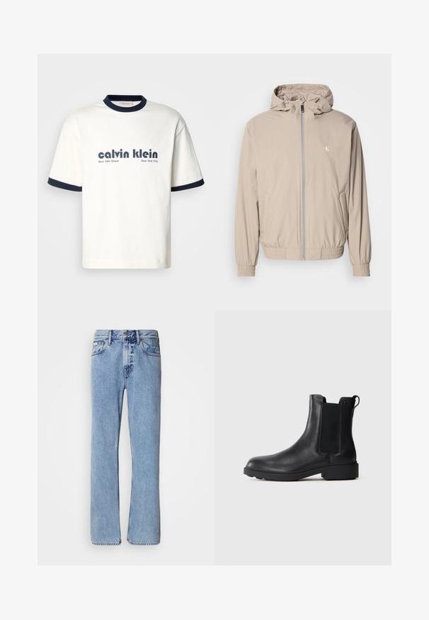 Licht beige windjack met capuchon, elastische manchetten en zoom, voorzien van een ritssluiting aan de voorkant en een klein logo op de borst. Gladde textuur.; Witte katoenen T-shirt met marineblauwe geribbelde kraag en mouwen. Voorzien van vetgedrukte zwarte tekst: "calvin klein West 39th Street New York City."; Lichtblauwe denim jeans met een recht ontwerp, vijf zakken en een knoopsluiting. Stikdetails nabij de zakken en de tailleband.; Zwarte leren enkelboot met elastische zijpanelen, trekhaak op de hiel en een lage blokzool tegen een effen achtergrond.