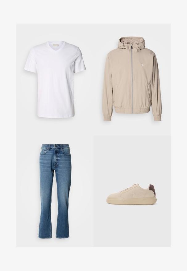 Hellbeige Windbreaker-Jacke mit Kapuze, elastischen Bündchen und Saum, ausgestattet mit einem Frontreißverschluss und einem kleinen Logo auf der Brust. Glatte Textur.; Weißes Baumwoll-V-Ausschnitt-T-Shirt mit kurzen Ärmeln, das ein kleines Logo auf der Brust zeigt. Glatte Textur, normale Passform und klassisches Design.; Hellblaue Denim-Jeans mit geradem Schnitt und leicht ausgestelltem Bein. Verfügt über fünf Taschen, einen Knopfverschluss und dezente Waschungseffekte.; Beige Wildleder-Sneaker mit runder Spitze, Schnürung vorne und einem braunen Wildlederakzent an der Ferse. Verfügt über eine strukturierte Gummisohle.