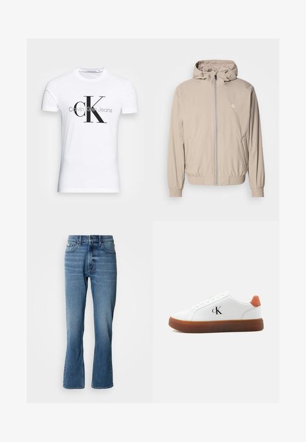 Svetlobéžová vetrovka s kapucňou, elastickými manžetami a lemom, so zapínaním na zips vpredu a malým logom na hrudi. Hladká textúra.; Biele tričko s krátkym rukávom s veľkým čiernym "cK" a sivým "Calvin Klein Jeans" textovým logom na prednej strane.; Svetlo modré denimové rifle s rovnými nohavicami a jemným rozšírením. Majú päť vreciek, zapínanie na gombík a jemné detaily zohybovania.; Biely nízky teniska s hnedou podrážkou, oranžovou pätovou slučkou, šnúrkami a logom "cK" na boku.