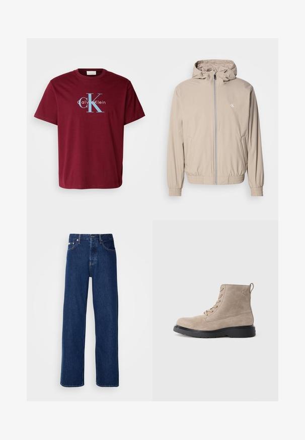 Svetlobéžová vetrovka s kapucňou, elastickými manžetami a lemom, so zapínaním na zips vpredu a malým logom na hrudi. Hladká textúra.; Burgundská bavlnená tričko s veľkým bielym a modrým logom "CK" a textom "Calvin Klein", štandardný strih, krátke rukávy a okrúhly výstrih.; Tmavomodré džínsy s širokým strihom, s gombíkovým zapínaním a klasickým piatym vreckovým dizajnom. Tkanina má hladkú textúru.; Béžové semišové členkové topánky s čiernou gumovou podrážkou, zaviazaním, malým embosovaným logom na boku a so stahovacím pásikom na zadnej strane.