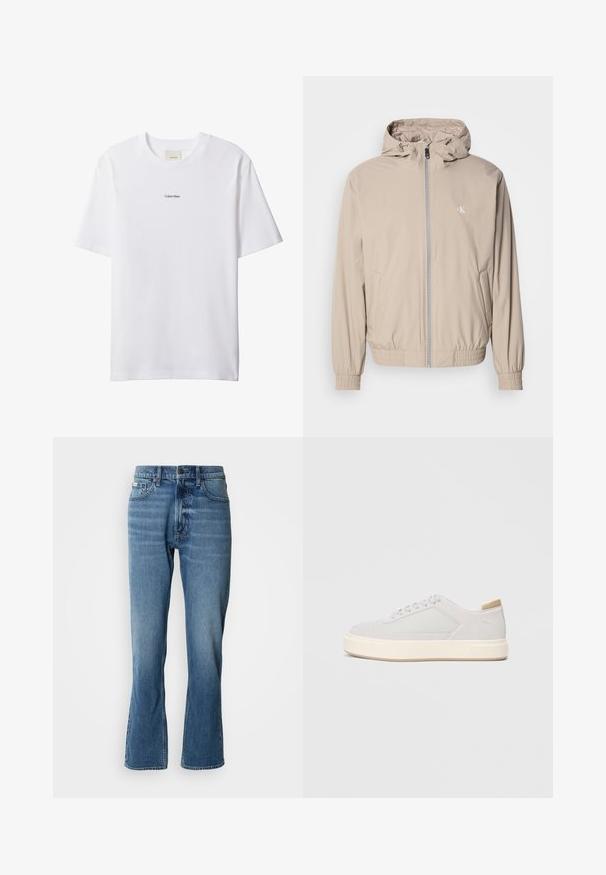 Lysebeige vindtæt jakke med hætte, elastiske manchetter og kant, med lynlås foran og et lille logo på brystet. Glat tekstur.; Hvid bomuld t-shirt med rund hals og korte ærmer. Har en lille sort "Calvin Klein"-logo centreret på brystet.; Lyseblå denim jeans med lige pasform og let flare. Har fem lommer, knaplukning og subtile slidte detaljer.; Lys grå sneakers med en glat syntetisk overdel, rund tå og en struktureret crème mellemsål. Lysebrune accenter på hælen.