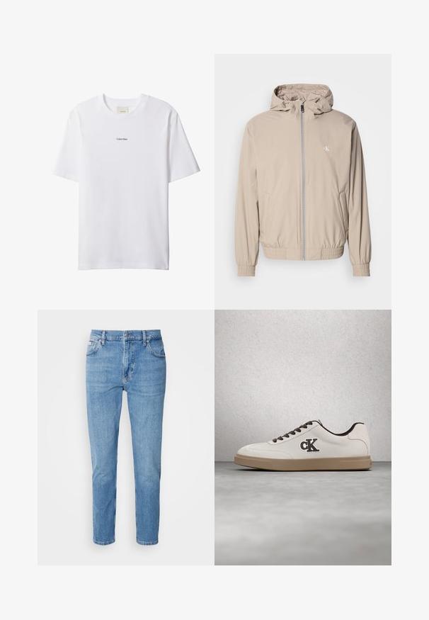 Lysebeige vindtæt jakke med hætte, elastiske manchetter og kant, med lynlås foran og et lille logo på brystet. Glat tekstur.; Hvid bomuld t-shirt med rund hals og korte ærmer. Har en lille sort "Calvin Klein"-logo centreret på brystet.; Lys blå denim jeans med lige snit, fem-lomme design og subtilt slid. Har knaplukning og bæltestropper.; Hvid sneakers med brune accenter, ruskindsmateriale, flade snørebånd og gummisål. Har en logo på siden og en glat tekstur.