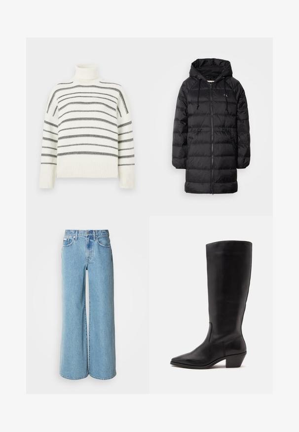 Calvin Klein Jeans Manteau d'hiver - black; Pull à col roulé blanc avec des rayures noires horizontales. Présente un col et des poignets côtelés. Texture douce, coupe décontractée et design tricoté.; Jean large bleu clair en denim, avec une taille haute, un design à cinq poches et un léger dégradé sur le tissu.; Botte en cuir noire mi-mollet avec un bout pointu et un talon bas incliné sur un fond clair uni.