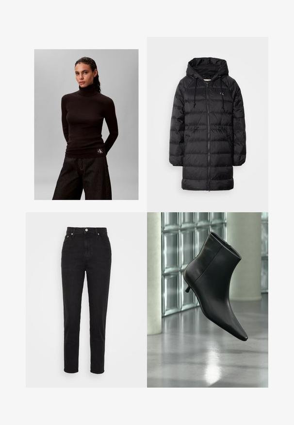 Calvin Klein Jeans Vinterfrakke - black; Kvinde med mørkt hår iført en sort ribbet rullekravesweater og mørke, vidde bukser mod en ensfarvet grå baggrund.; Sorte højtaljede slim-fit jeans med frontknap, bæltesløjfer og fem-lomme design på hvid baggrund.; Sort læderankelstøvle med spids tå og lav kitten-hæ, vist vinklet mod en poleret gulv- og glasblokvæg.