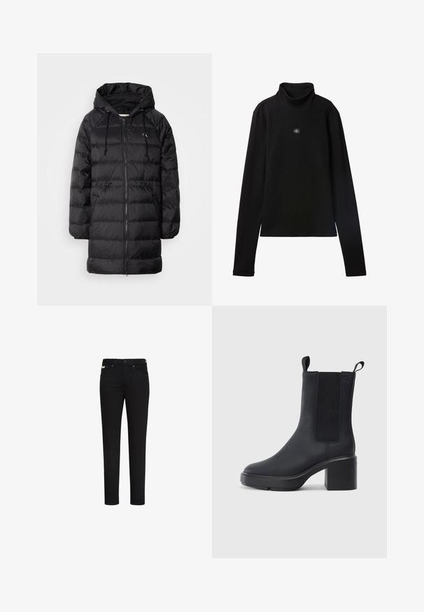 Calvin Klein Jeans Χειμωνιάτικο παλτό - black; Μαύρο ριμπ (ribbed) τοπ με μακριά μανίκια και μικρό τετράγωνο πατς με το λογότυπο Calvin Klein στο κέντρο του στήθους.; Μαύρο στενό τζιν με μπροστινό κουμπί και φερμουάρ, με μπροστινές και πίσω τσέπες και μια μικρή ετικέτα στην δεξιά μπροστινή τσέπη.; Μαύρη μπότα αστραγάλου από λείο ελαστικό υλικό, με ελαστικές πλευρικές πάνελ, τετράγωνη σόλα και χερούλια στην κορυφή για εύκολη εφαρμογή.