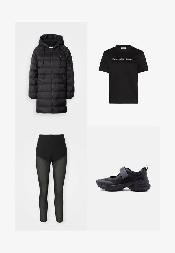 Calvin Klein Jeans Talvemantel - black; Mustast puuvillasest T-särgist, millel on ümmargune kaelus ja lühikesed varrukad ning mis kannab rinnaesisel valget teksti "Calvin Klein Jeans".; Mustad kõrge vöökohaga leggingsid, millel on eesreie ja alumiste jalgade piirkonnas poolläbipaistvad võrgusilmast paneelid, sujuv disain, kinnitatud siluett.; Must jooksjalanõuanik karmide tallaplaatide, reguleeritava rihmaga üle pealepoolse osa ja kandmisel tõmbenurgaga, külgvaates valgel taustal.