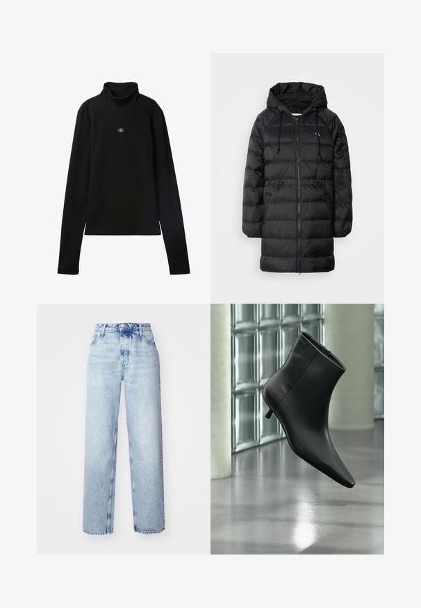 Calvin Klein Jeans Χειμωνιάτικο παλτό - black; Μαύρο ριμπ (ribbed) τοπ με μακριά μανίκια και μικρό τετράγωνο πατς με το λογότυπο Calvin Klein στο κέντρο του στήθους.; Ανοιχτό μπλε τζιν ψηλού κοιλιά με χαλαρή εφαρμογή, με ίσιες γραμμές, πέντε τσέπες και κλασικό κλείσιμο με κουμπί και φερμουάρ.; Μαύρο δερμάτινο μποτάκι αστραγάλου με μυτερή μύτη και χαμηλό τακούνι τύπου kitten heel, εμφανίζεται σε γωνία μπροστά σε γυαλισμένο πάτωμα και τοίχο από γυάλινους τούβλους.