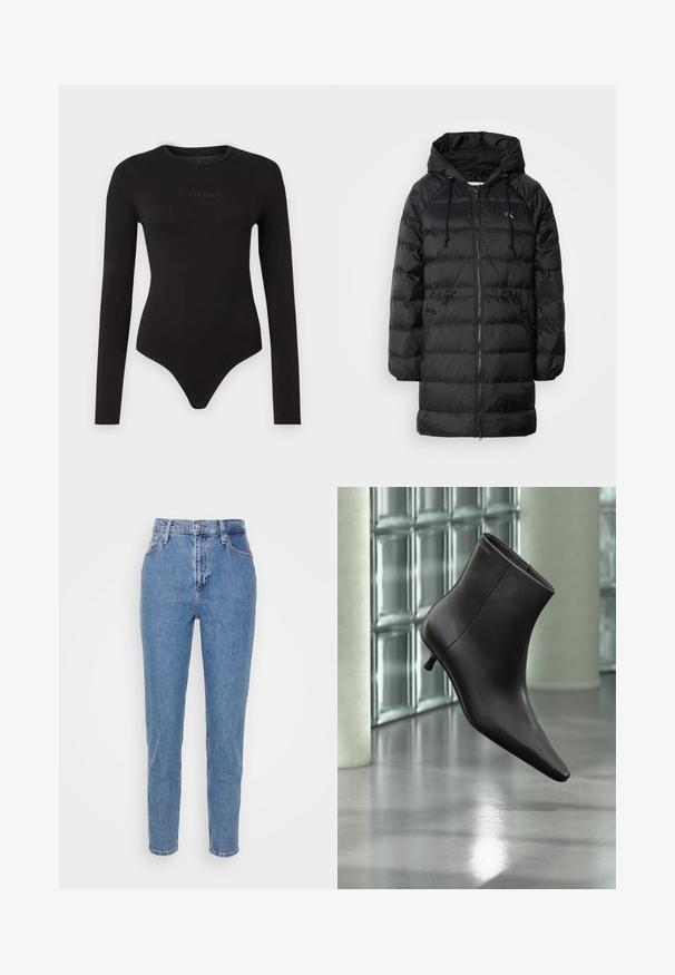 Calvin Klein Jeans Wintermantel - black; Schwarzer Langarm-Body aus weichem Stoff, mit rundem Ausschnitt und einem strukturierten "Guess Jeans"-Logo auf der Vorderseite.; Blaue hochtaillierte gerade Jeans mit verdecktem Knopf und Reißverschluss, Gürtelschlaufen und Taschen, vor einem schlichten weißen Hintergrund präsentiert.; Schwarzer Leder-Knöchelstiefel mit spitzer Spitze und kleinem Absatz vor einer Wand aus Glasbausteinen und einem polierten Boden.