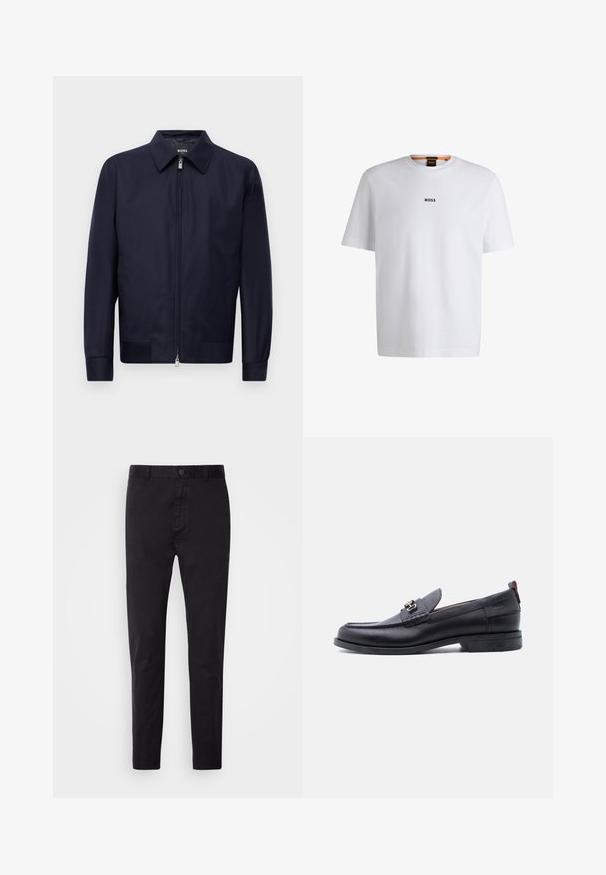 Mørkeblå lynlåsjakke med krave, lange ærmer og to forreste lommer, præsenteret mod en enkel hvid baggrund.; Hvid bomuld T-shirt med korte ærmer, med et sort "BOSS" logo centreret på brystet og en rund halsudskæring.; Sort chinos med en glat overflade, knaplukning og tætsiddende design. Ideel til afslappet eller semi-formelt tøj.; Sort lædermokasin med grå tekstureret forfod, sølvfarvet metalspænde, lav hæl og trækflap bagpå.
