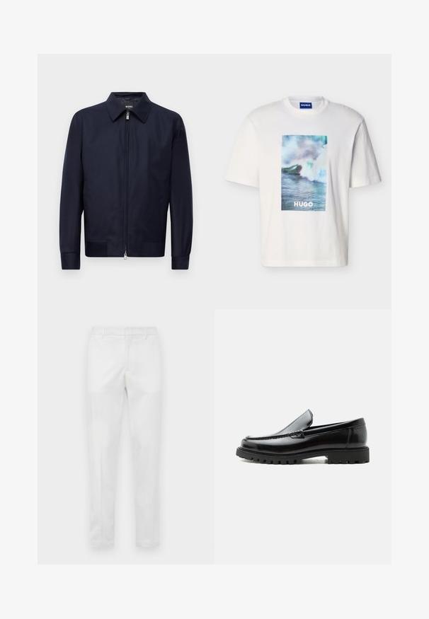 Chaqueta azul marino con cremallera, cuello, mangas largas y dos bolsillos frontales, exhibida sobre un fondo blanco liso.; Camiseta blanca de manga corta con gráfico de olas oceánicas en azul, verde y blanco, y texto "HUGO" centrado en la parte frontal.; Pantalones ajustados blancos con passantes para cinturón, cierre de cremallera frontal y bolsillos laterales, exhibidos planos sobre un fondo neutro.; Mocasín de cuero negro con suela de goma gruesa, empeine cosido y nombre de la marca en relieve en el talón, mostrado en perfil lateral sobre fondo blanco.