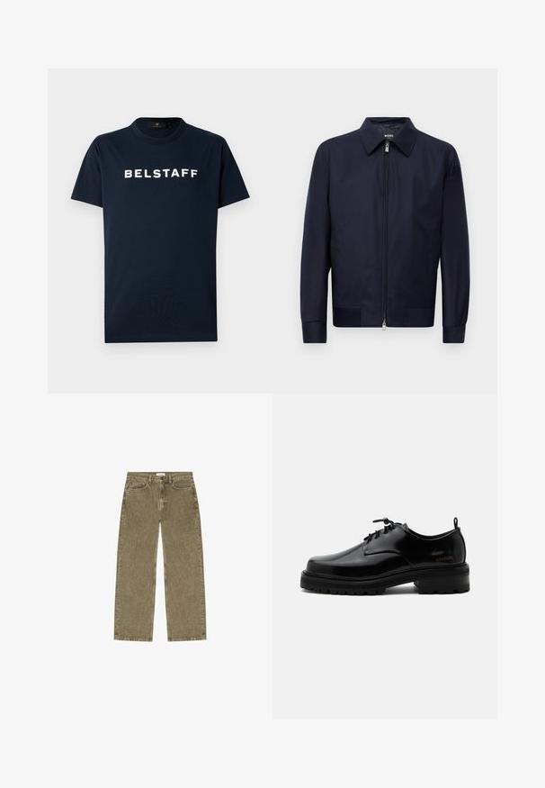 Námornícky modrá zip-up bunda s golierom, dlhými rukávmi a dvoma prednými vreckami, vystavená na jednofarebnom bielom pozadí.; Tmavomodré bavlnené tričko s krátkymi rukávmi, okrúhlym výstrihom a bielym textom "BELSTAFF" potlačeným na prednej strane. Jednoduchý dizajn, jemná textúra.; Džínsy rovného strihu v olivovej farbe s piatimi vreckami a gombíkovým zapínaním, zobrazené na bielom pozadí.; Čierna leštená kožená šnurovacia obuv s hrubou gumovou podrážkou a nízkym podpätkom, bočný nápis značky "SAMSOE" a zadné ťahadlo.