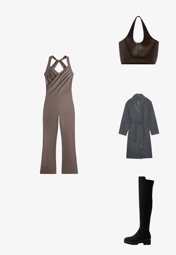 Grå uldblandingsfrakke med spidse klipper, lange ærmer og bælte i taljen. Har en glat tekstur og knælangt design.; Brun ærmeløs jumpsuit med krydsede stropper, rynket overdel, diagonal søm og bukser med vide ben.; Sorte over-knæ støvler i blødt ruskind med flad sål, der har en rund tå og elastiske sidepaneler for nem påklædning.; Mørkebrun lædertaske med brede skulderremme og en afrundet topåbning, simpelt design med centralt sømdetalje.
