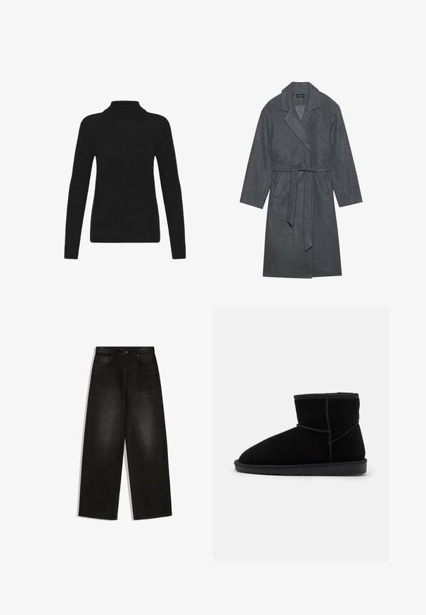 Grå uldblandingsfrakke med spidse klipper, lange ærmer og bælte i taljen. Har en glat tekstur og knælangt design.; Sort langærmet turtleneck sweater med ribbet krave, manchetter og kant, præsenteret mod en hvid baggrund.; Sorte jeans med vide ben, frontknap og lynlås, bæltestropper og to forlommer på hvid baggrund.; Sorte ruskind ankelstøvler med en rund tå, placeret på en flad gummisål. Har minimal syning og en blød indvendig foring.