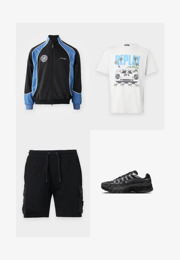 Sort og blå træningsjakke, med lynlås foran, kontrasterende hvid piping, logo patch på brystet, ribbet manchetter, glat syntetisk stof.; Hvid bomulds-T-shirt med et farverigt motiv af en racerbils, palmer og ternede flag, med "REPLAY" tydeligt vist.; Sort cargo shorts lavet af en bomuldsblanding, med to sidelommer, justerbar talje med snor og en glat tekstur.; Sorte løbesko med mesh og syntetisk overdel, der har en struktureret sål, fremtrædende sort Nike-swoosh og forstærket tåbeskyttelse.