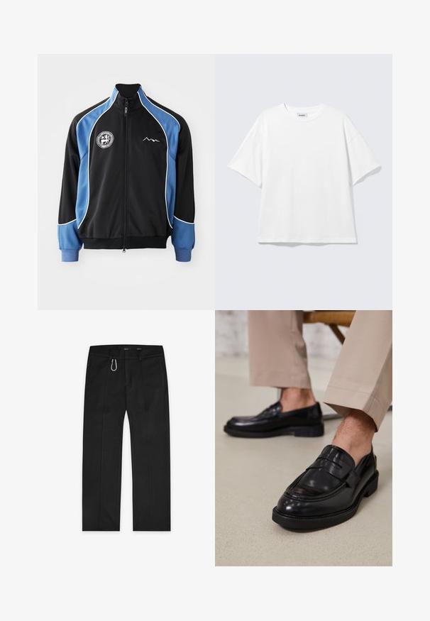 Veste de sport noire et bleue, devant zippé, avec un passepoil blanc contrastant, patch logo sur la poitrine, poignets côtelés, en tissu synthétique lisse.; T-shirt blanc oversize à manches courtes, col rond, épaules tombantes, posé à plat sur fond gris clair.; Pantalons noirs en tissu tissé, avec un design à jambes droites, deux poches latérales, une fermeture éclair à l'avant et un détail de boucle à l'extérieur.; Mocassins en cuir noir avec une finition lisse, ornés d'une sangle décorative et de coutures contrastées, associés à un pantalon beige.