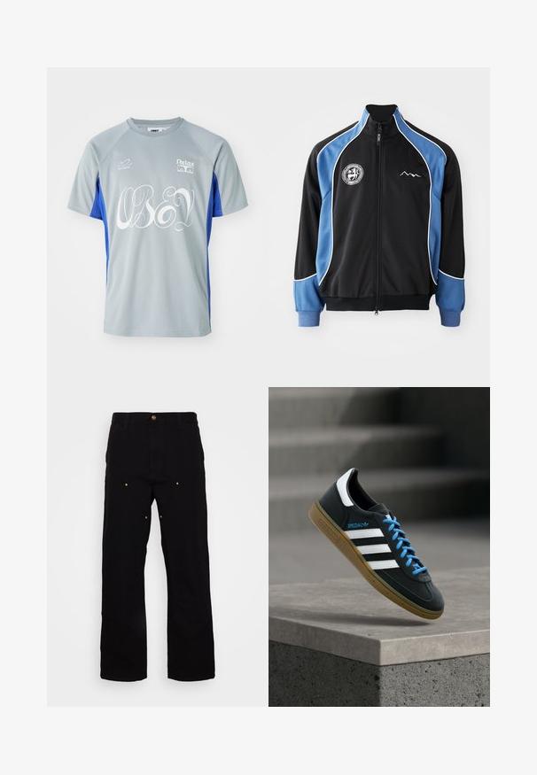 Chaqueta deportiva negra y azul, con cremallera frontal, ribetes blancos en contraste, parche de logo en el pecho, puños acanalados, tejido sintético suave.; Camiseta deportiva de manga corta en gris y azul. Presenta "OBEY" en blanco en un estilo de escritura fluido, con logotipos en el pecho y la manga. Fabricada con tejido ligero.; Pantalones de mezclilla negros con un diseño de pierna recta, que presentan acentos de hardware dorado y costuras visibles en los bolsillos delantero y trasero.; Zapatilla negra Adidas con franjas blancas, cordones azules y suela de goma flotando sobre un escalón de hormigón gris con luz suave.