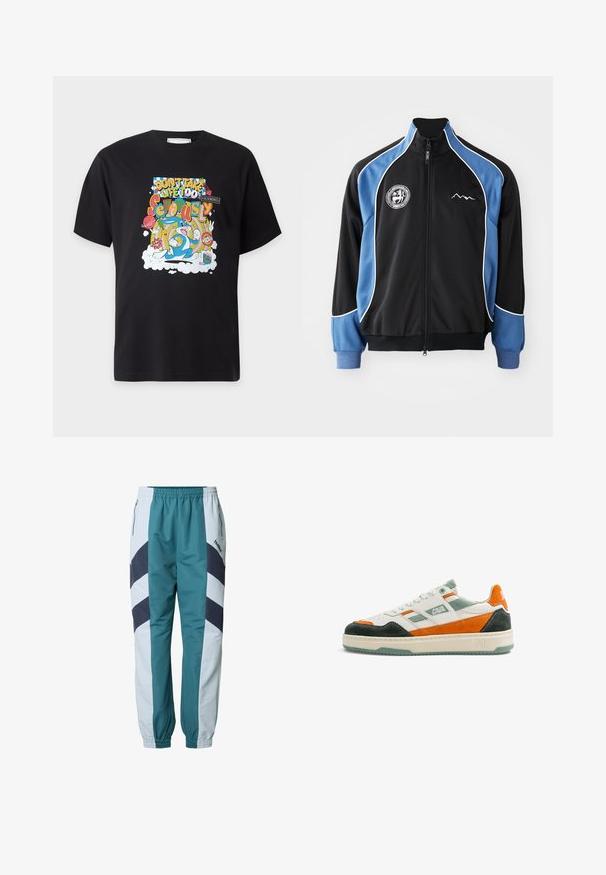 Veste de sport noire et bleue, devant zippé, avec un passepoil blanc contrastant, patch logo sur la poitrine, poignets côtelés, en tissu synthétique lisse.; T-shirt noir avec un motif cartoon coloré featuring Bugs Bunny et le texte "Ne prends pas la vie trop au sérieux" dans des polices et styles variés.; Pantalon de survêtement bleu sarcelle et gris clair avec motifs en chevron, taille élastique, poches latérales et poignets côtelés aux chevilles.; Baskets blanches avec des accents en daim vert, orange et noir, lacets blancs, logo "CAVAL" sur le côté et semelle beige avec crampons verts.