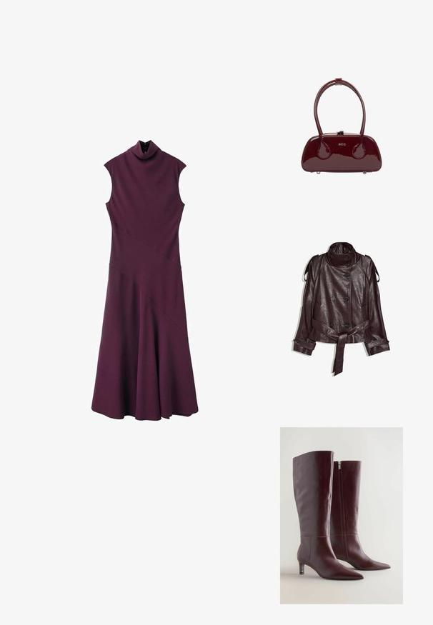 Veste en cuir marron foncé avec col montant, boutons noirs croisés, ceinture à la taille et sangles boutonnées aux poignets et aux épaules.; Robe sans manches à col montant de couleur violet foncé, avec un corsage ajusté et une jupe évasée, présentant des détails de coutures diagonales et une fermeture à boutons au niveau du col.; Bottes en cuir bordeaux montantes avec un bout effilé, des coutures décoratives et une fermeture éclair sur le côté. Elles présentent un talon bas et fin.; Sac à main en cuir verni rouge avec une forme incurvée, deux poignées arrondies et une fermeture à fermoir. Présente un logo de marque en relief à l'avant.
