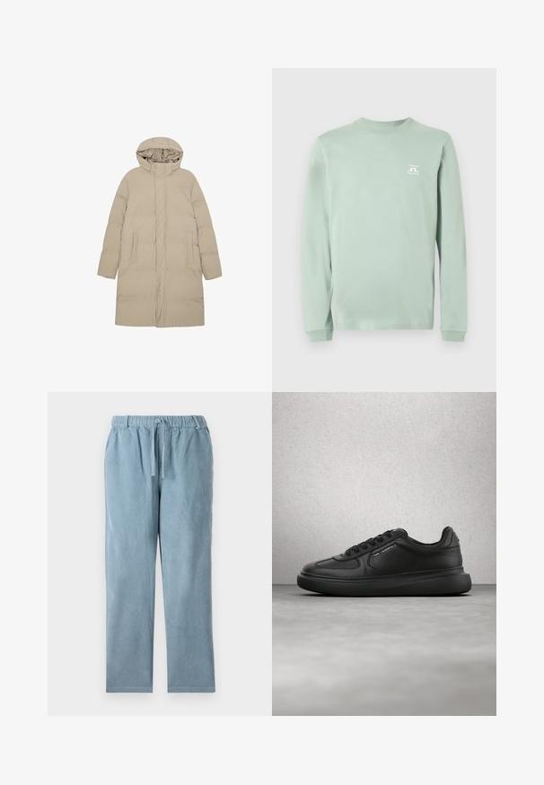 Lang beige polstret frakke med hætte, fuld frontlynlås og to sidelommer, designet til koldt vejr.; Lysegrøn langærmet bluse med rund hals og lille hvid "J.LINDEBERG STOCKHOLM" logo på øverste venstre bryst.; Lyseblå fløjlspants med elastisk talje, snoretilpasning, lige ben-form og ribbet tekstur. Ingen synlige lommer.; Sort læder-sneaker med snøreringe, "Karl Lagerfeld"-branding på tungen og siden, vist foran en moderne glasstensvæg og betongulv.