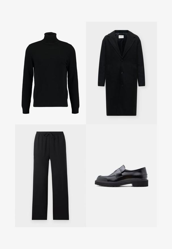 Manteau long noir taillé, avec un col à crans, trois boutons devant et deux poches latérales, présenté sur un fond clair uni.; Un pull à col roulé noir en matière tricotée douce. Il possède des manches longues, un col et un ourlet côtelés. Son design est simple et épuré, sans motifs.; Pantalon noir ample avec taille élastique et cordon de serrage à l'avant, jambes droites, design sobre, présenté sur un fond neutre.; Chaussure noire en cuir à enfiler avec un design épuré, bout rond et semelle épaisse en caoutchouc texturé. Présente une sangle décorative à l'avant.