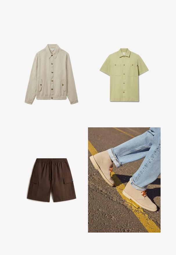 Veste en lin beige clair avec un col, fermeture à boutons à l'avant, deux poches latérales et ourlet élastiqué. Elle est dotée de boutons en bois.; Chemise à manches courtes vert clair avec deux poches poitrine boutonnées sur le devant et un col.; Shorts cargo marron fabriqués en tissu durable. Dotés d'une taille élastique, d'un cordon de serrage et de plusieurs poches latérales pour le rangement.; Bottines en daim beige avec des lacets orange, bout rond et semelle en caoutchouc légère, associées à un jean en denim bleu clair retroussé.