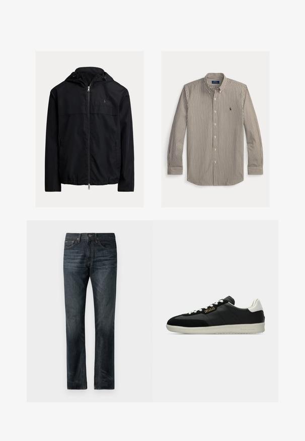 Must musta tuulejope, millel on lukk ees, kaks küljetaskut ja diskreetne logo rinnal. Sujuv, kerge kangas.; Pikkade varrukatega nööbitav triiksärk, millel on vertikaalsed pruunid ja valged triibud, nööbitav krae ja Polo Ralph Laureni logo vasakul rinnal.; Tumed sinised denim teksad sirge lõikega, klassikalise viie-tasku disainiga ja vasest tikanditega aktsentidega.; Mustast nahast toss valgete detailidega, tekstuursete panelite ja siledapõhjalise kummitaldaga. Küljel on silmatorkav logo ja klassikaline pael.