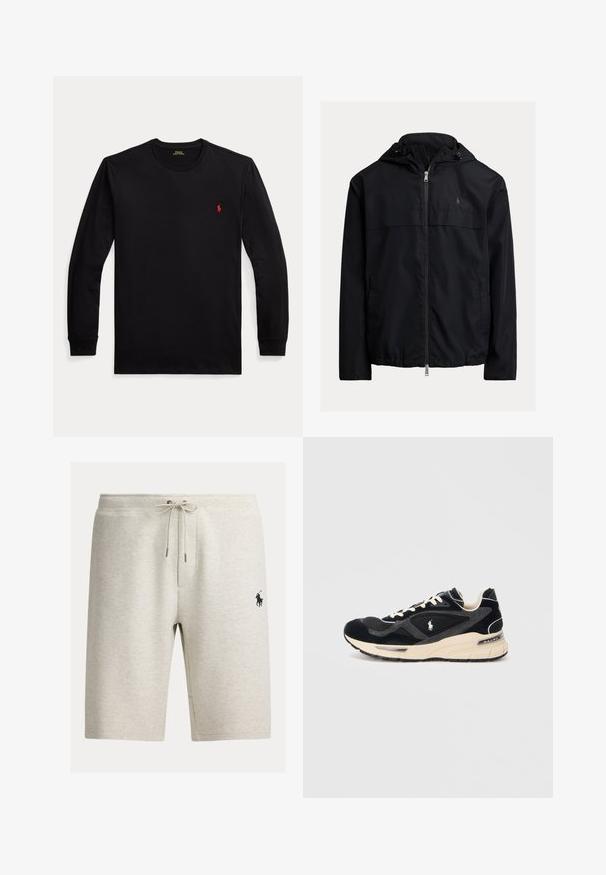 Sort hættejakke med lynlås foran, to sidelommer og et diskret logo på brystet. Let og glat stof.; Sort langærmet T-shirt med rund halsudskæring, med lille rødt broderet logo på venstre bryst og ribstrikkede manchetter.; Lysegrå bomuldsshorts med snøre i taljen, sidelommer og en sort broderet hestelog på venstre ben.; Sort og grå sneaker med cremefarvet sål og snørebånd, der har et lille hvidt hestelogo og "Ralph Lauren" branding på hælen.