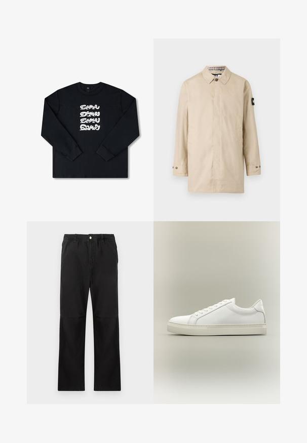 Abrigo ligero beige con corte recto, collar abotonado, bolsillos laterales y un acento negro en la manga izquierda. Forrado con un patrón de cuadros.; Sudadera negra de manga larga con un logo gráfico blanco repetido en letras estilizadas en la parte delantera. Fabricada con un tejido suave.; Pantalones negros de algodón con una cintura elástica, que cuentan con un diseño de pierna recta, textura suave y sin acentos ni patrones visibles.; Joven con chaqueta de cuero oscura y vaqueros sentado en un taburete de madera, inclinado hacia adelante con los brazos cruzados, mirando hacia un lado contra un fondo blanco.