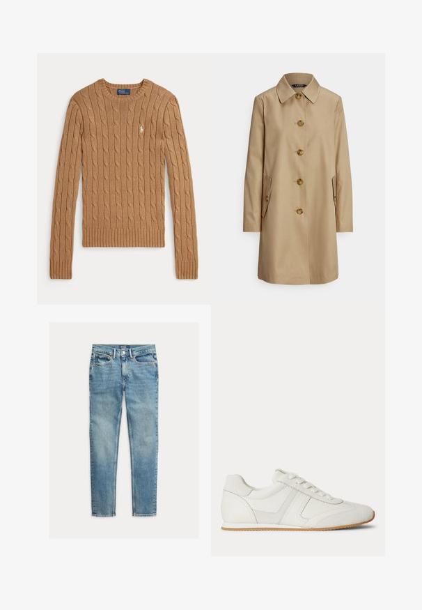 Beige trenchcoat med krave, seks guldknapper, sidelommer og lange ærmer. Glat stof med et skræddersyet design.; Camelfarvet kabelstrikket sweater med lange ærmer, ribstrikkede manchetter og kant. Har en lille broderet logo på brystet.; Lyseblå slim-fit jeans med fem lommer og knaplukning, lagt fladt på en hvid baggrund.; Hvid lavtop sneaker med snørelukning foran, ruskind- og læderpaneler og en lysebrun gummisål på en hvid baggrund.