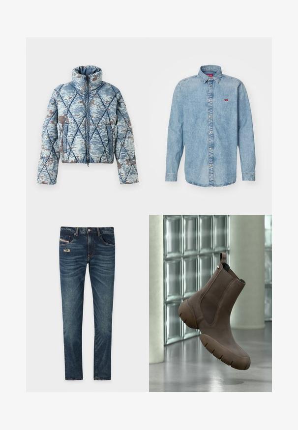 Chaqueta acolchada con capucha alta, en un patrón abstracto azul y gris, con cierre frontal y bolsillos laterales.; Camisa de mezclilla azul claro con mangas largas, cuello puntiagudo y cierre de botones. Presenta un pequeño logotipo rojo en el área del pecho izquierdo.; Jeans de denim azul oscuro con un acabado ligeramente deslavado, que presentan un detalle desgate en la parte frontal y cinco bolsillos, incluyendo un pequeño bolsillo para monedas.; Bota marrón hasta el tobillo con suela gruesa y paneles laterales elásticos flotando sobre un suelo brillante de hormigón cerca de una pared de bloques de vidrio.