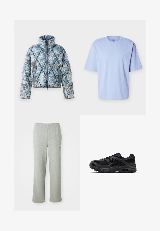 Gepolsterte Steppjacke mit hohem Kragen, blau-graues abstraktes Muster, Vorderreißverschluss und Seitentaschen.; Hellblaues T-Shirt mit kurzen Ärmeln und Rundhalsausschnitt, locker geschnitten und mit dezentem kleinem Logo auf der linken Brustseite.; Graue Jogginghose aus weichem Baumwollmischgewebe, mit elastischem Bund, geradem Bein und kleinem Logo auf der linken Seite.; Schwarzer und dunkelgrauer Nike Laufschuh mit Mesh-Gewebe, Wildleder-Overlays, gepolsterter Sohle und sichtbaren Lufteinheiten in Ferse und Vorfuß.