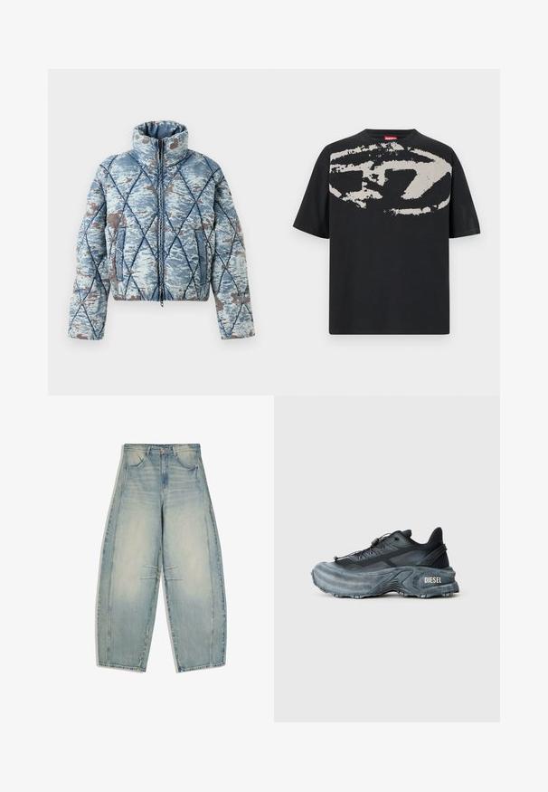 Veste matelassée avec col montant, motif abstrait bleu et gris, fermeture éclair à l'avant et poches latérales.; T-shirt noir avec un grand motif abstrait gris clair sur le devant. Manches courtes et encolure ronde classique. Matière en coton.; Jean large en denim bleu clair lavé, avec poches devant et arrière, fermeture par boutons, et détails subtilement délavés sur les cuisses et les genoux.; Baskets Diesel noires et grises avec semelle épaisse, système de laçage à bascule et design texturé sur fond gris clair uni.