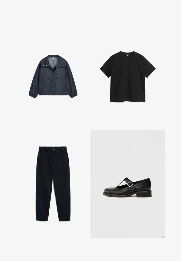 Donkergrijs lichtgewicht jack met brede kraag, drukknoopsluiting aan de voorkant, twee grote zakken, elastische manchetten en elastische zoom.; Zwarte korte mouwen T-shirt gemaakt van katoen. Heeft een ronde hals en een ontspannen pasvorm zonder patronen of accenten. Zachte textuur.; Zwarte denim jeans met een rechte pijp, vijf zakken en een knoopsluiting. De stof heeft een gladde textuur en minimale zichtbare stiksels.; Zwarte leren Mary Jane schoen met een ronde neus, T-band ontwerp, verstelbare gesp en een laag gestapeld hakje. Gladde textuur met minimale details.