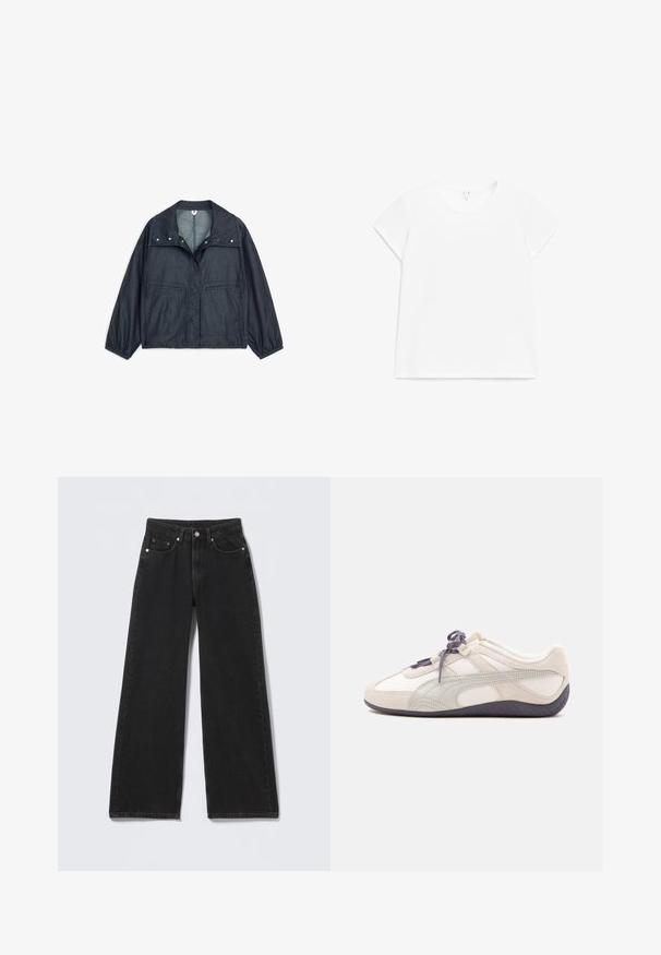 Mørkegrå letvægtsjakke med bred krave, forreste trykknapper, to store lommer, elastiske manchetter og elastisk kant.; Hvid T-shirt med korte ærmer og rund hals, i almindelig pasform, vist fladt på en hvid baggrund.; Sorte højttaljede bredbenede jeans med knap- og lynlåslukning foran, bæltestropper og fem forlommer på en lys baggrund.; Hvid og beige lavtop sneaker med mørkegrå snørebånd og sål, ruskind accenter og et glat, buet design på en neutral baggrund.