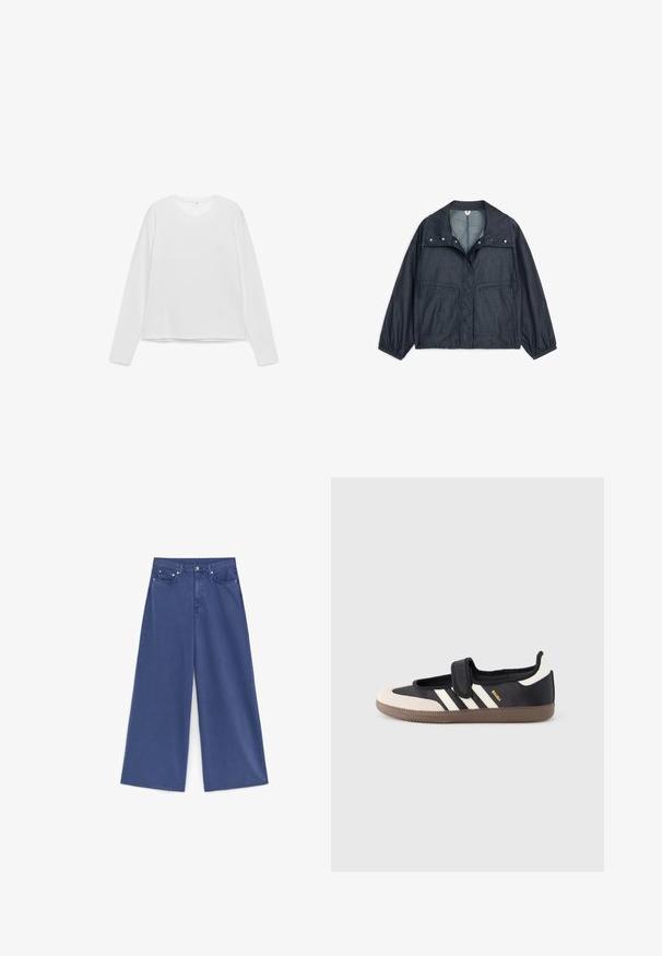 Veste légère gris foncé avec large col, boutons-pression à l'avant, deux grandes poches, poignets élastiques et ourlet élastique.; T-shirt blanc à manches longues avec un col rond. Confectionné en tissu lisse, il présente un ourlet droit et une coupe décontractée. Design simple, sans motifs.; Jean taille haute à jambes larges en denim bleu uni avec poches avant, passants de ceinture et fermeture par bouton.; Baskets noires et beiges avec une bride en velcro, trois bandes blanches sur le côté, et une semelle en caoutchouc marron texturée. Logo de la marque visible.