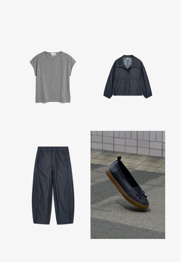 Donkergrijs lichtgewicht jack met brede kraag, drukknoopsluiting aan de voorkant, twee grote zakken, elastische manchetten en elastische zoom.; Zwart-wit gestreepte t-shirt met korte mouwen en een ronde hals, van lichtgewicht stof en met een rechte snit, met raglan mouwen.; Donkerblauwe broek met wijde pijpen, steekzakken aan de voorkant, riemlussen, knoop- en ritssluiting, plat neergelegd op een witte achtergrond.; Zwarte leren instapschoen met bruine rubberen zool en een gestrikte strikdetail, zwevend boven een grijs trottoir naast een betegelde muur.