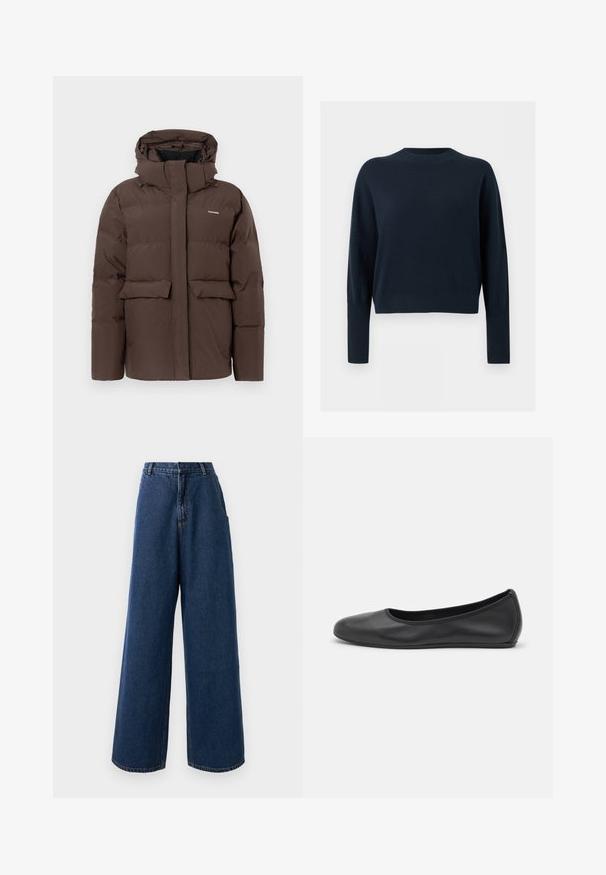 Brun pufferjakke med hætte, to frontlommer, lynlåslukning foran og elastiske manchetter. Glat tekstur med synlig quiltning.; Mørk marineblå rundhalset sweater med lange ærmer og ribstrikkede manchetter og kant, vist på en ensartet lys baggrund.; Højtaljede brede jeans i mørkeblå denim med frontknap og lynlås, bæltestropper og sidelommer.; Sort læderballetsko med rund tå, glat tekstur, minimal syning og et fleksibelt såldesign.