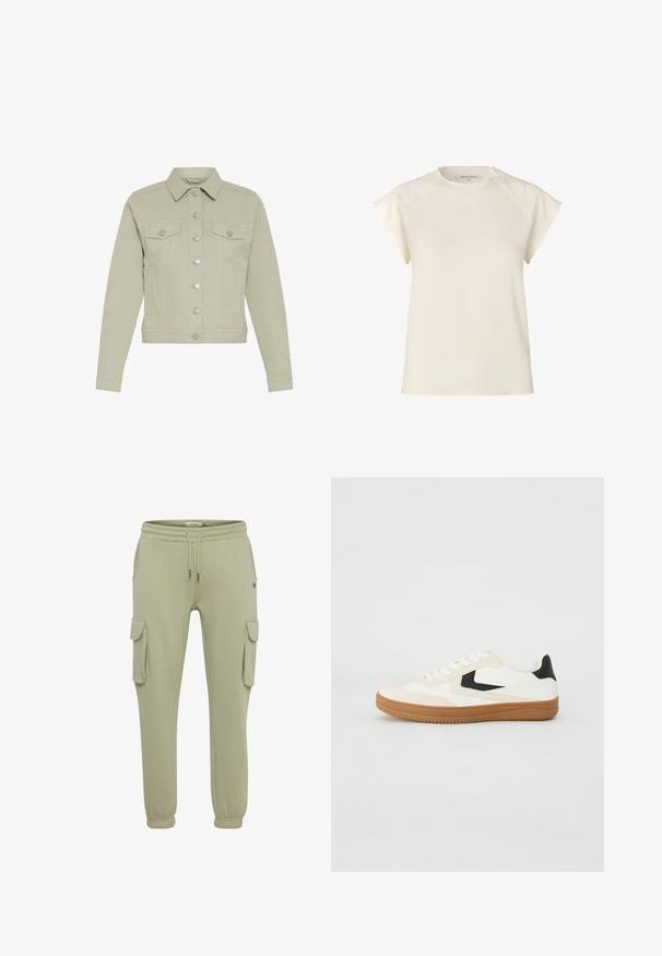 Veste en denim beige clair à manches longues, boutons argentés sur le devant, deux poches à rabat sur la poitrine et poches latérales passepoilées.; Blouse à manches courtes et col rond en tissu texturé blanc cassé. Présente de subtiles plissures aux épaules et une coupe décontractée.; Pantalons cargo en vert clair en tissu doux, avec poches latérales, poignets élastiqués et une taille à cordon pour un ajustement réglable.; Baskets blanches et crème avec des accents noirs, semelle en caoutchouc, texture lisse, bout rond et design simple à lacets.