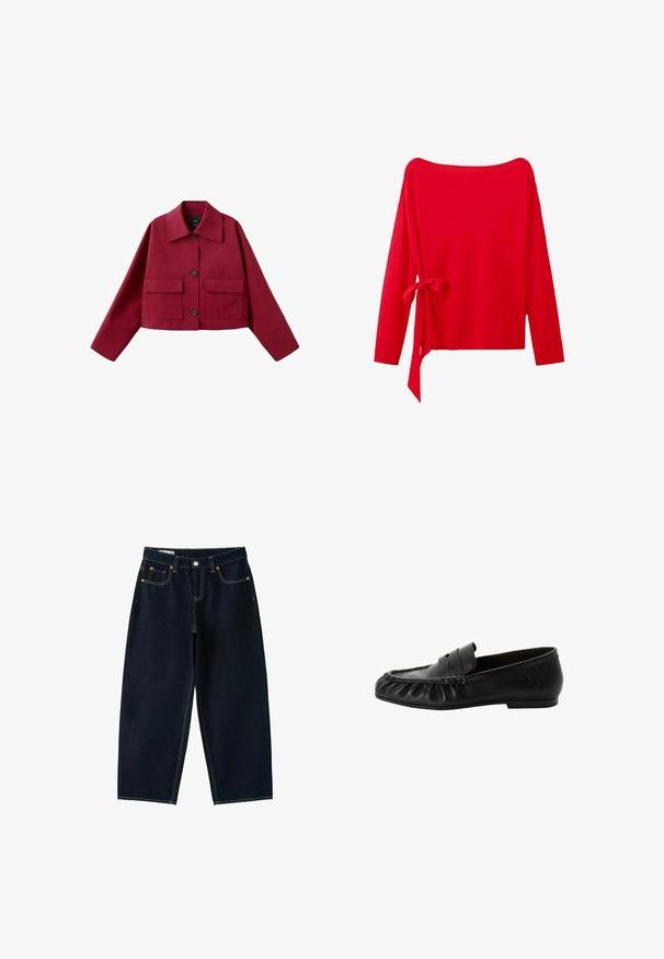 Veste courte rouge foncé avec large col, fermeture boutonnée devant et deux grandes poches à rabat à l'avant, présentée sur un fond blanc.; Pull rouge à manches longues avec un large col et un nœud noué sur le côté gauche près de la taille.; Jean bleu foncé à jambes larges avec cinq poches, fermeture par bouton et coutures contrastées sur fond blanc.; Mocassin penny en cuir noir avec bout arrondi, talon bas et détail de couture froncée le long du bord avant.