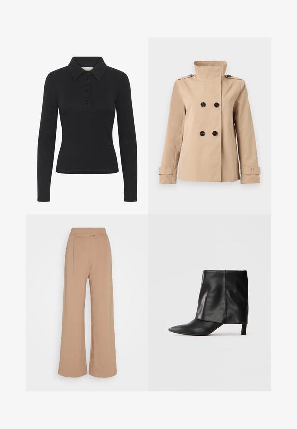 Beige dobbeltradet jakke med opretstående krave, sorte knapper, skulderepåletter og justerbare manchetter på lange ærmer.; Sort langærmet polo-shirt med ribbet struktur, knaplukning og et subtilt logo. Har en klassisk krave-design.; Anna Field Bukser - brown; Sort læderstøvle til midten af læggen med spids tå, foldet øvre skaft og slank lav hæl, der står på hvid baggrund.