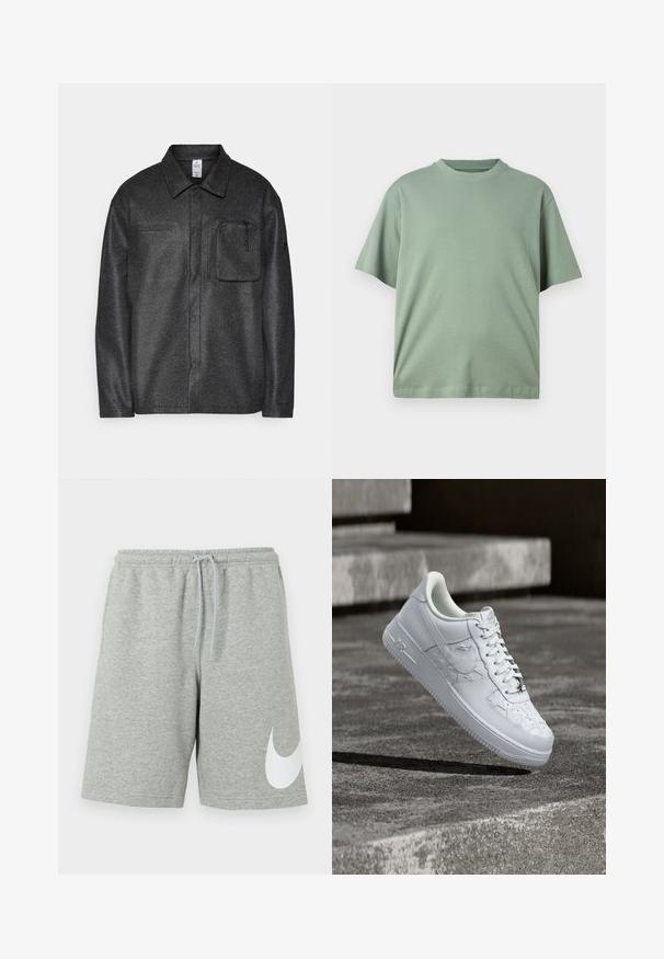 Schwarze strukturierte Hemdjacke mit Kragen, langen Ärmeln und Brusttasche; verfügt über eine Reißverschluss-Tasche und ein dezentes Muster auf dem Stoff.; Helles grünes T-Shirt mit kurzen Ärmeln und Rundhalsausschnitt, aus weichem Stoff gefertigt. Das Design zeichnet sich durch eine lockere Passform und keine sichtbaren Muster aus.; Hellgraue Sportshorts mit elastischem Bund, Kordelzug und großem weißen Nike-Swoosh-Logo am linken unteren Bein.; Weißer Nike Air Force 1 Sneaker mit geprägten Sternmustern und einem metallischen Stern-Schnürsenkelanhänger, der über einer Betonoberfläche schwebt.