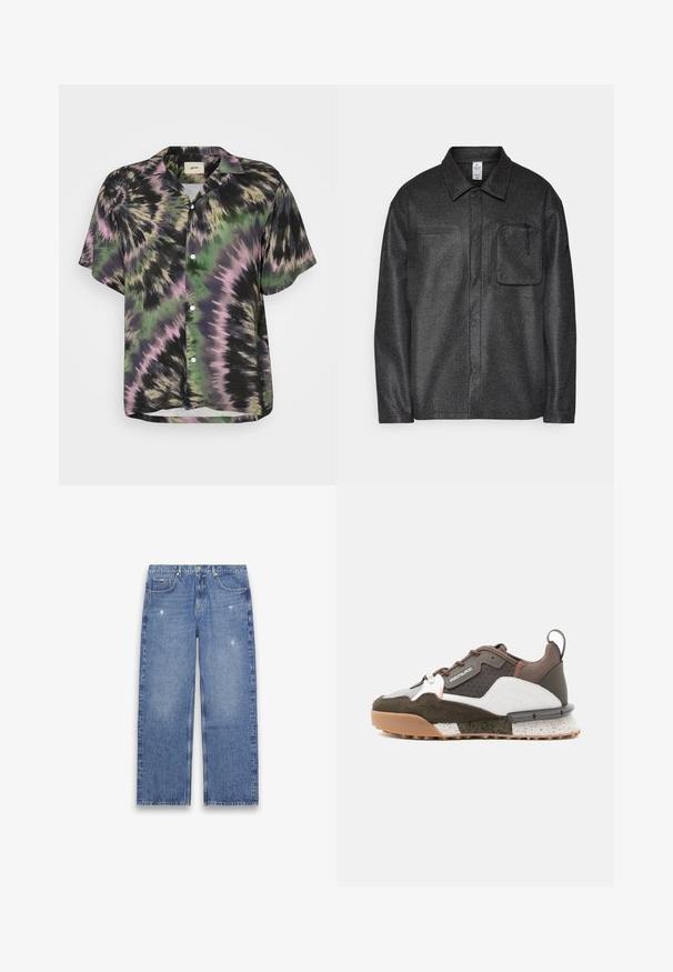 Veste chemise noire texturée avec un col, des manches longues et une poche avant ; dotée d'une poche zippée et d'un motif subtil sur le tissu.; Chemise à manches courtes à boutons avec un motif tie-dye noir, vert et rose. Elle présente une coupe décontractée et un col classique. Tissu léger.; Jean bleu à jambes droites avec légère usure, design à cinq poches, fermeture par bouton et fermeture éclair, présenté à plat sur un fond blanc.; Baskets composées d'un mélange de matériaux marron, blanc et vert ; elles présentent une tige texturée, une fermeture à lacets et une semelle à motifs.